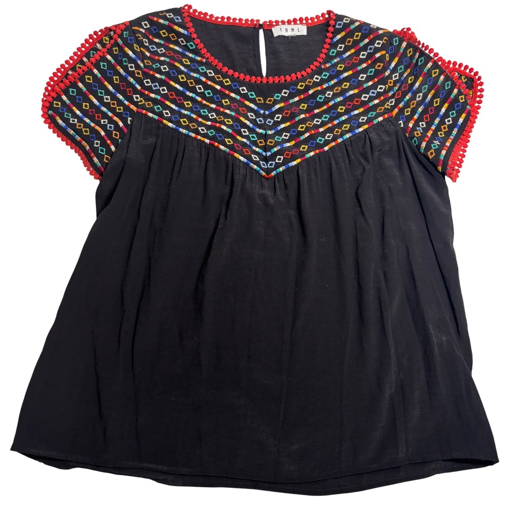 THML Blouse Women Black Excellent Embroidered Pom Pom Boho Top Size Large